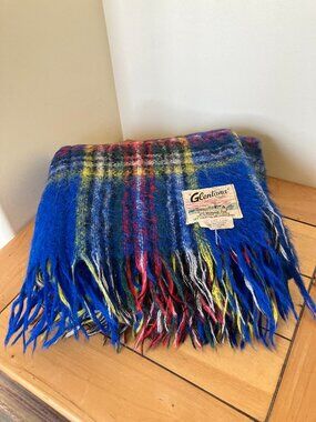 Glentana Mohair Throw Blanket Blue Tartan Plaid Vintage Made in Scotland 50x74"